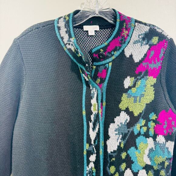 J. Jill Duster Cardigan Topper Coat Duster Black Floral Jacquard Snap Up Size S - Picture 2 of 12